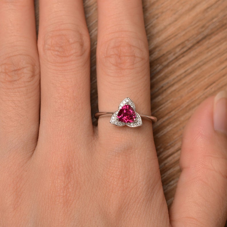 1.00 Ct Trillion Cut Red Ruby 925 Sterling Silver Floral Anniversary Gift Ring For Her