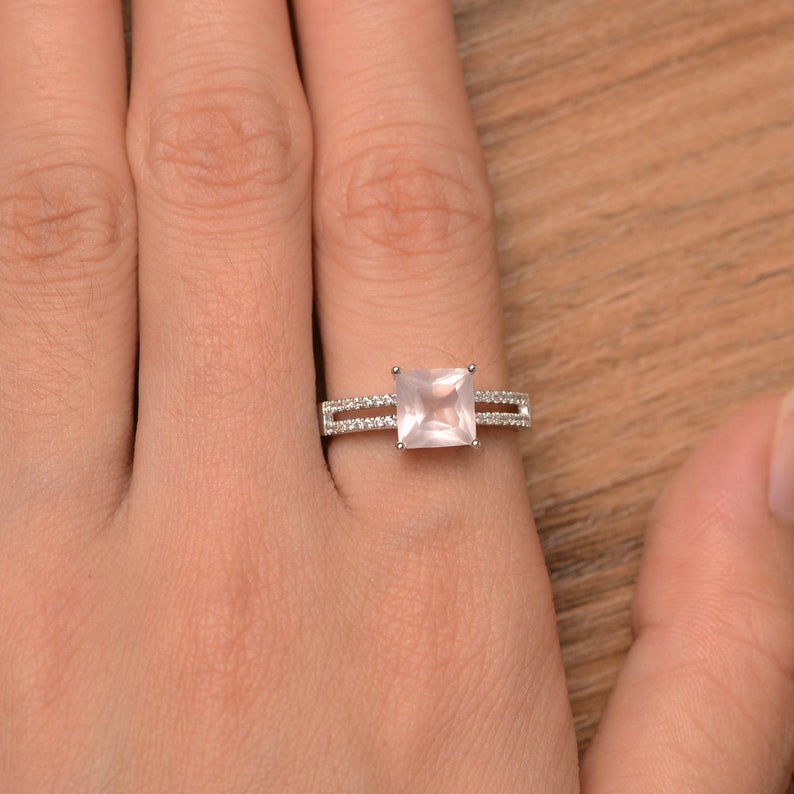 1.75 Ct Princess Cut Pink Quartz 925 Sterling Silver Split Shank Anniversary Gift Ring