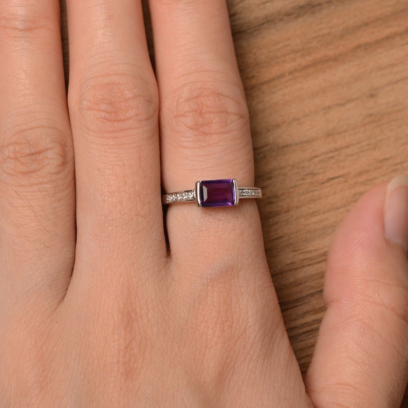1.25 Ct Emerald Cut Purple Amethyst 925 Sterling Silver Solitaire W/Accents Anniversary Gift Ring
