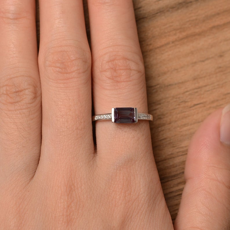 1.20 Ct Emerald Cut Alexandrite 925 Sterling Silver Solitaire W/Accents Engagement Ring