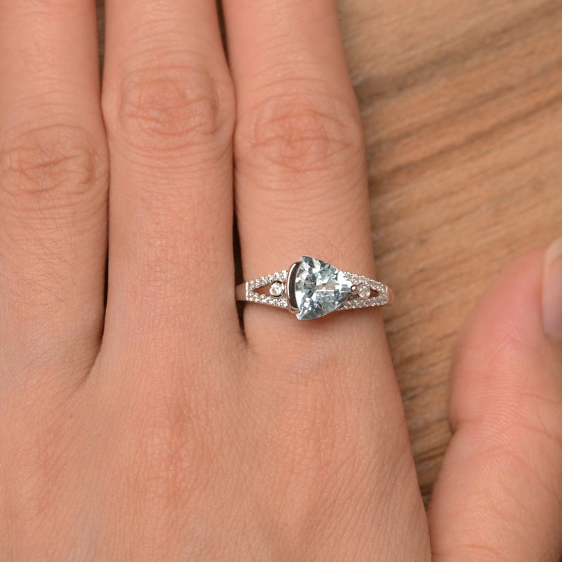 1.25 Ct Trillion Cut Aquamarine 925 Sterling Silver Solitaire W/Accents Anniversary Gift Ring