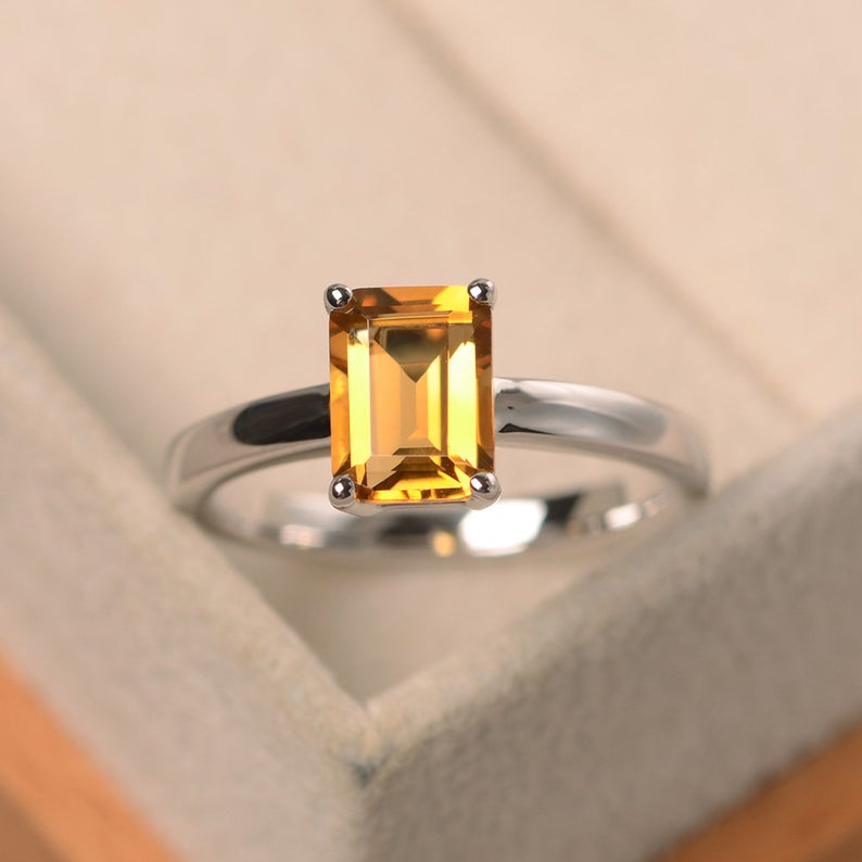 1 Ct Emerald Cut Yellow Citrine 925 Sterling Silver Solitaire Engagement Ring