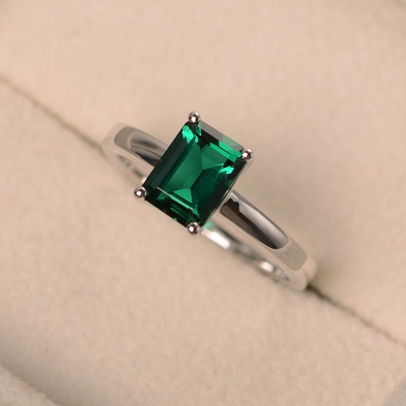 2 Ct Emerald Cut Green Emerald Diamond 925 Sterling Silver Solitaire Promise Ring