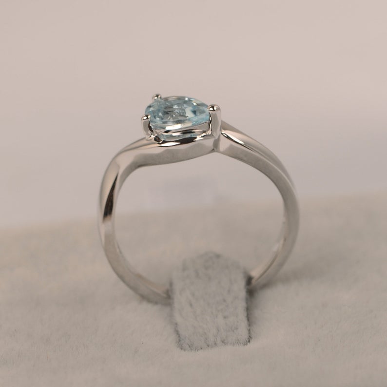 1 CT Pear Cut Aquamarine 925 Sterling Silver Bypass Promise Ring Gift For Her