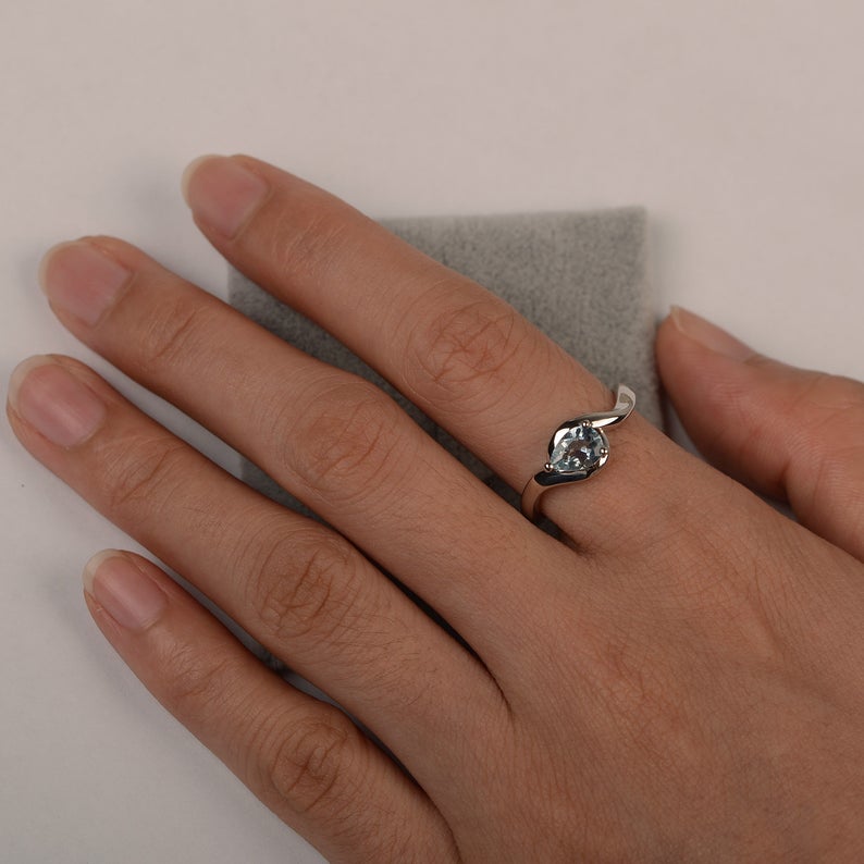 1 CT Pear Cut Aquamarine 925 Sterling Silver Bypass Promise Ring Gift For Her