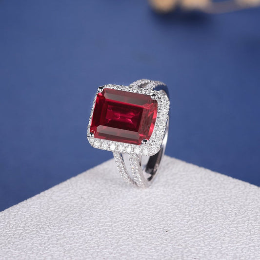 2.50 Ct Emerald Cut Red Ruby Split Shank Halo Engagement Ring In 925 Sterling Silver