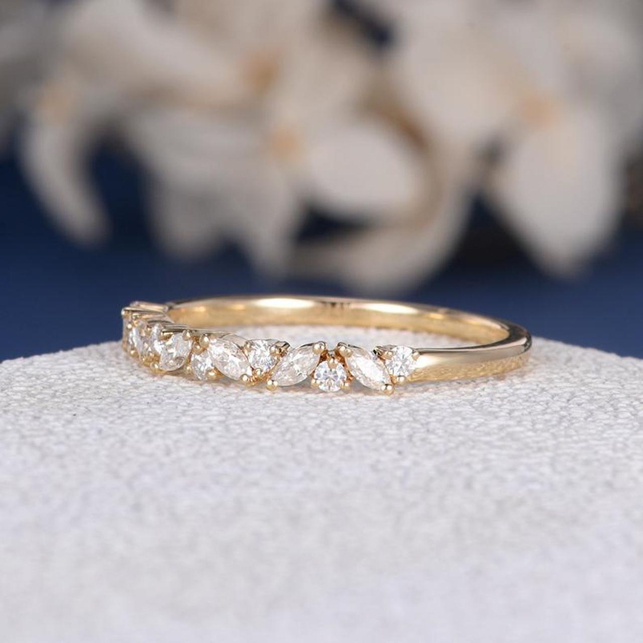 1 CT Round & Marquise Cut Diamond Yellow Gold Over On 925 Sterling Silver Cluster Wedding Band Ring