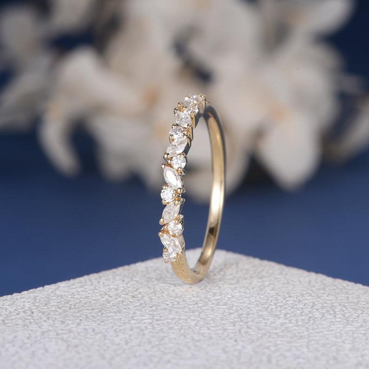 1 CT Round & Marquise Cut Diamond Yellow Gold Over On 925 Sterling Silver Cluster Wedding Band Ring