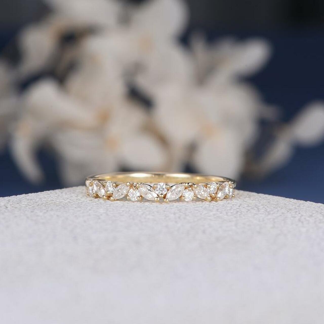 1 CT Round & Marquise Cut Diamond Yellow Gold Over On 925 Sterling Silver Cluster Wedding Band Ring