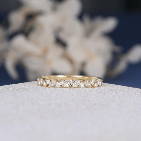 1 CT Round & Marquise Cut Diamond Yellow Gold Over On 925 Sterling Silver Cluster Wedding Band Ring