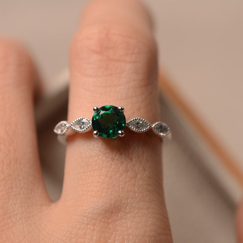 1.20 Ct Round Cut Green Emerald & CZ Solitaire W/Accents Anniversary Gift Ring In 925 Sterling Silver