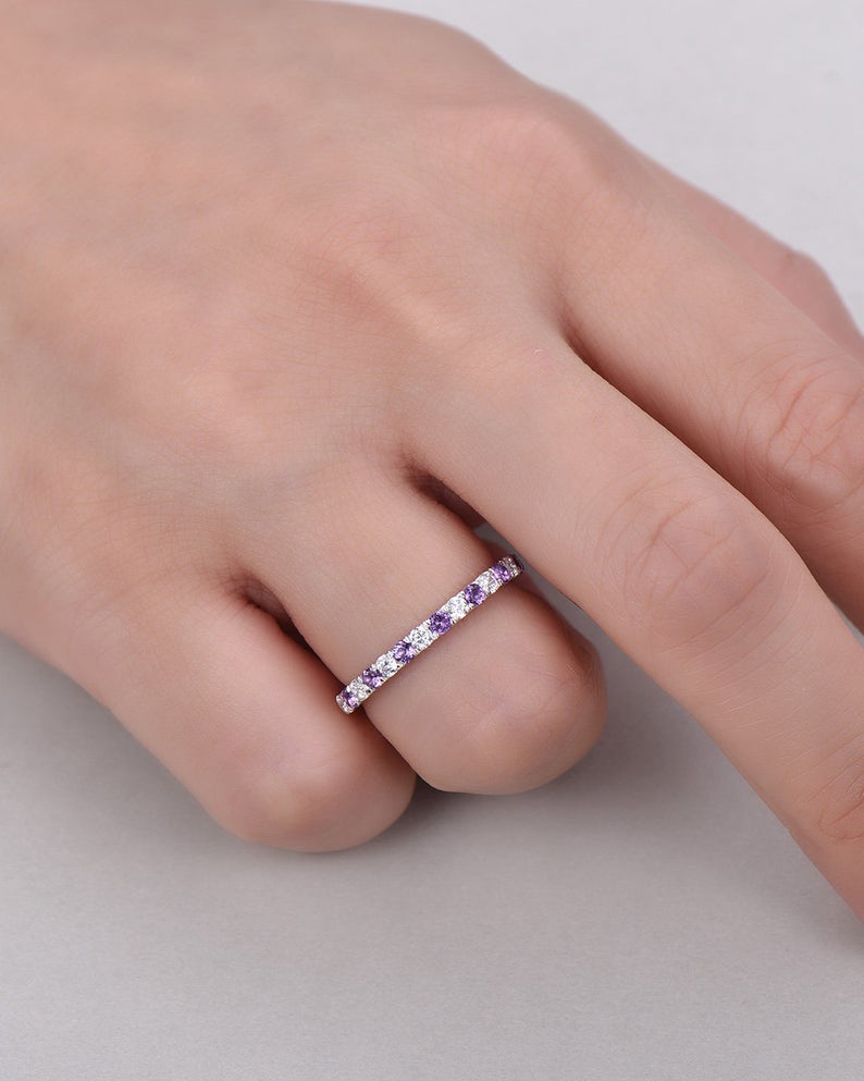 1.20 Ct Round Cut Purple Amethyst & White CZ Half Eternity Promise Band Ring In 925 Sterling Silver