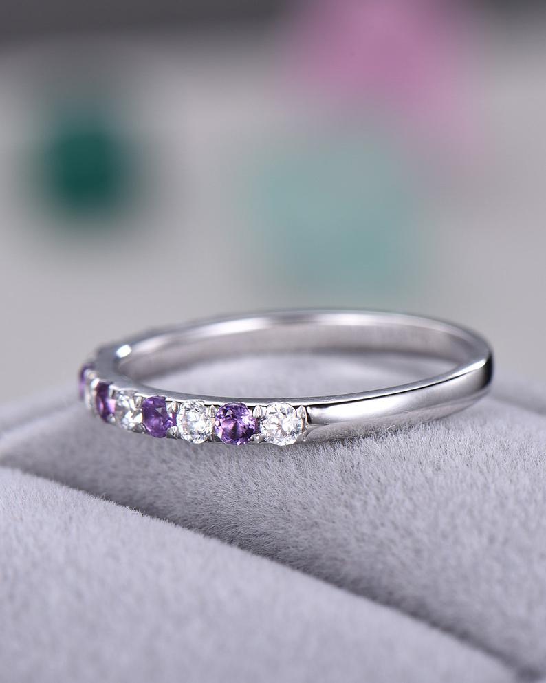 1.20 Ct Round Cut Purple Amethyst & White CZ Half Eternity Promise Band Ring In 925 Sterling Silver
