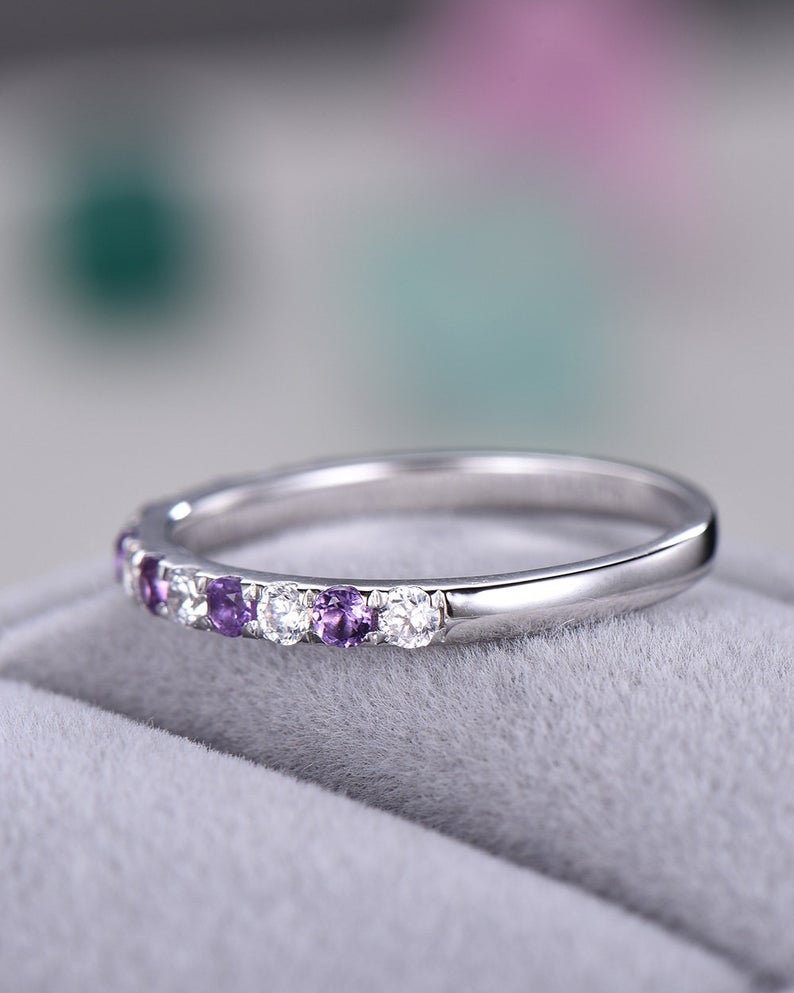 0.75 CT Round Cut Amethyst CZ Diamond 925 Sterling Silver Half Eternity Wedding Band Ring