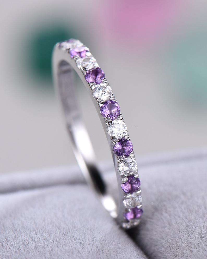 1.20 Ct Round Cut Purple Amethyst & White CZ Half Eternity Promise Band Ring In 925 Sterling Silver