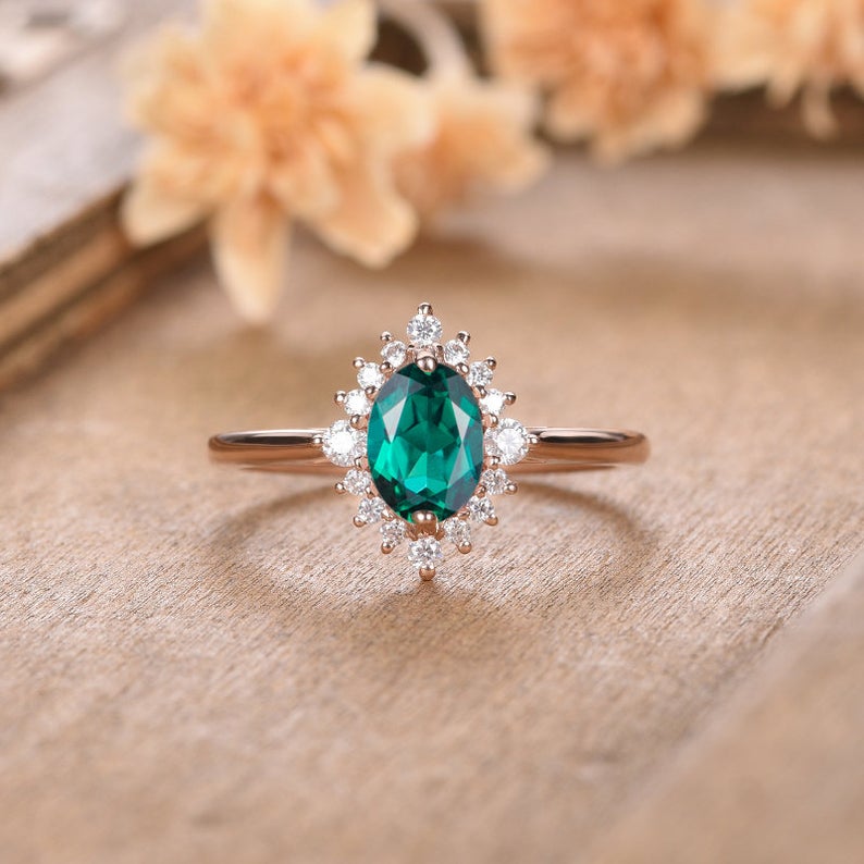 1 CT Oval Cut Emerald Diamond Rose Gold Over On 925 Sterling Silver Halo Engagement Ring