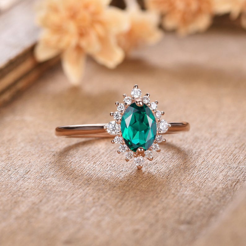 1 CT Oval Cut Emerald Diamond Rose Gold Over On 925 Sterling Silver Halo Engagement Ring