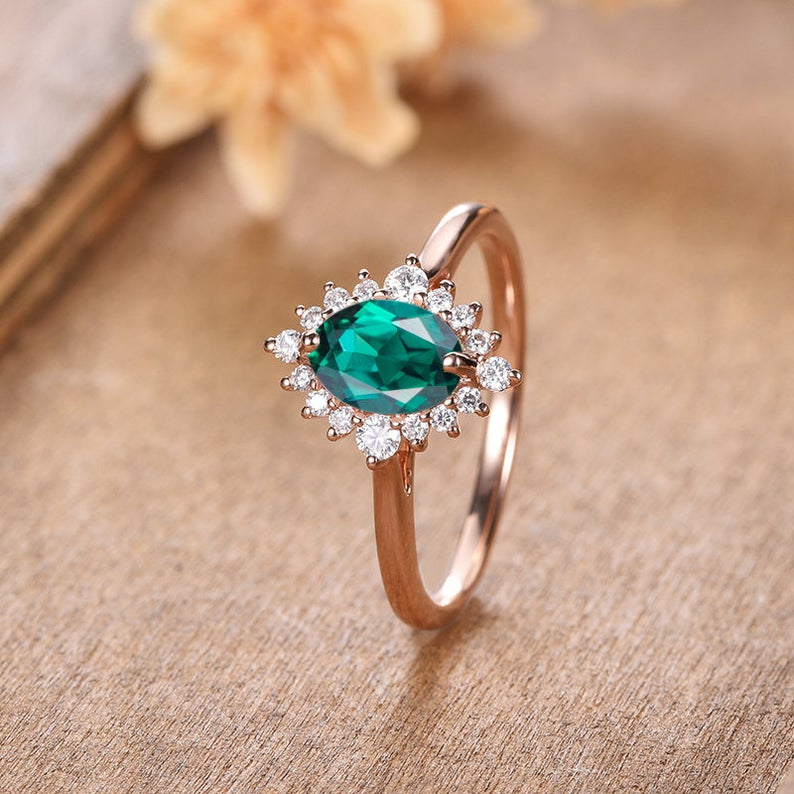 1 CT Oval Cut Emerald Diamond Rose Gold Over On 925 Sterling Silver Halo Engagement Ring