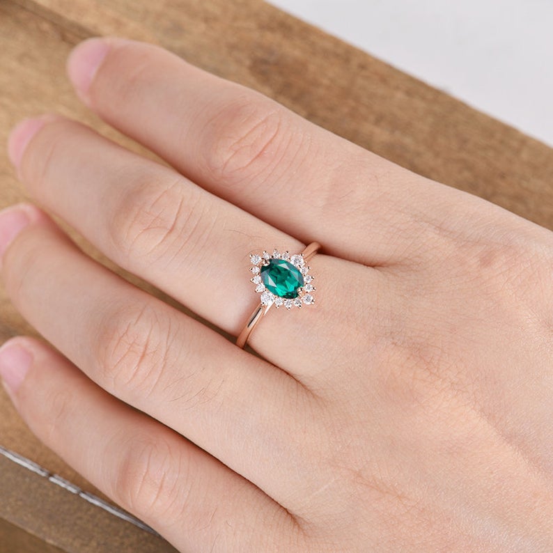 1 CT Oval Cut Emerald Diamond Rose Gold Over On 925 Sterling Silver Halo Engagement Ring