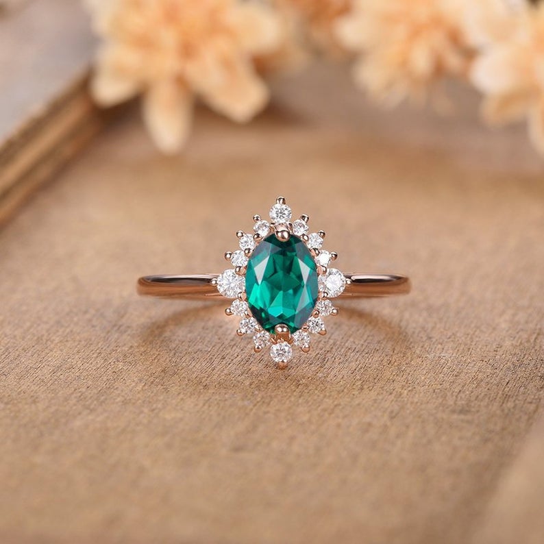 1 CT Oval Cut Emerald Diamond Rose Gold Over On 925 Sterling Silver Halo Engagement Ring