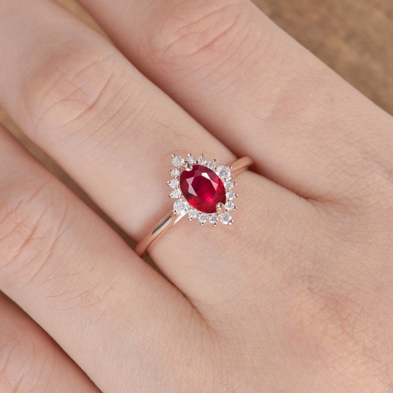 1 CT Oval Cut Red Ruby Diamond 925 Sterling Silver Halo Promise Ring - atjewels.in