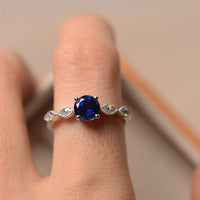 1.00 Ct Round Cut Blue Sapphire 925 Sterling Silver Solitaire W/Accents Promise Ring