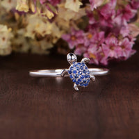 0.75 Ct Round Cut Blue Sapphire Sea Turtle Ring In 925 Sterling Silver