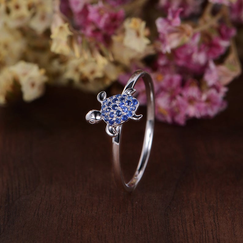 0.75 Ct Round Cut Blue Sapphire Sea Turtle Ring In 925 Sterling Silver