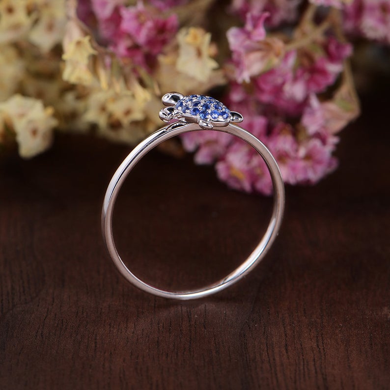 0.75 Ct Round Cut Blue Sapphire Sea Turtle Ring In 925 Sterling Silver