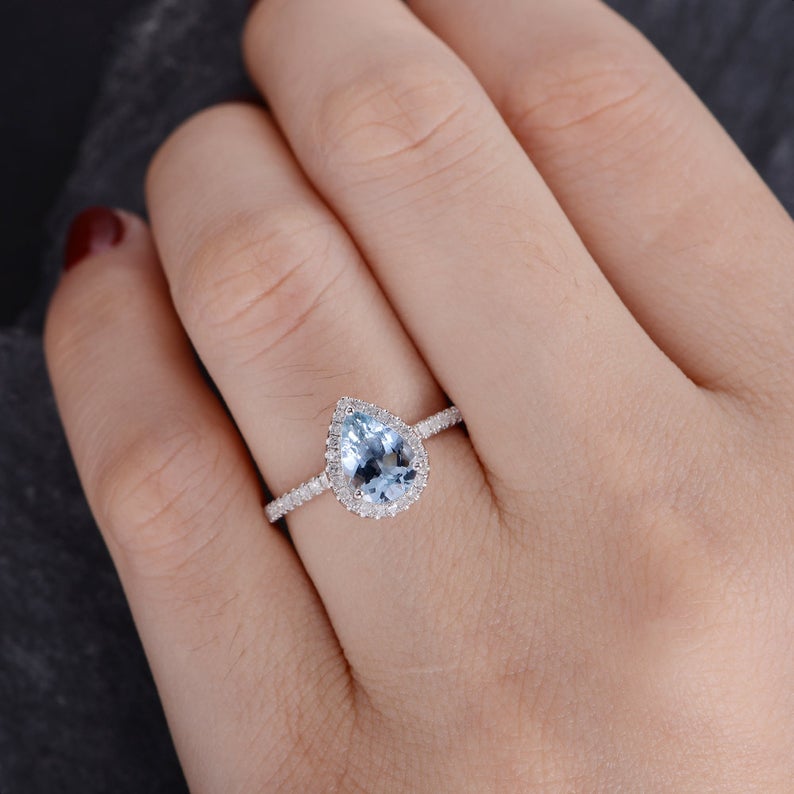 2.10 Ct Pear Cut Aquamarine Gorgeous Halo Engagement Wedding Ring  In 925 Sterling Silver