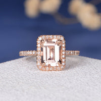 1 CT Emerald Cut Morganite Diamond Rose Gold Over On 925 Sterling Silver Women Halo Wedding Ring