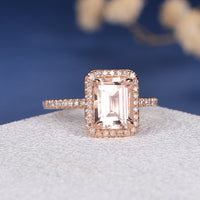 1 CT Emerald Cut Morganite Diamond Rose Gold Over On 925 Sterling Silver Women Halo Wedding Ring