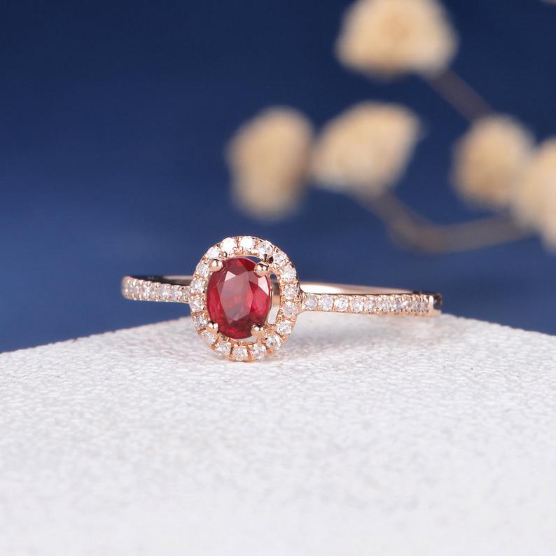 1 CT Oval Cut Red Ruby Diamond Rose Gold Over On 925 Sterling Silver Halo Wedding Ring