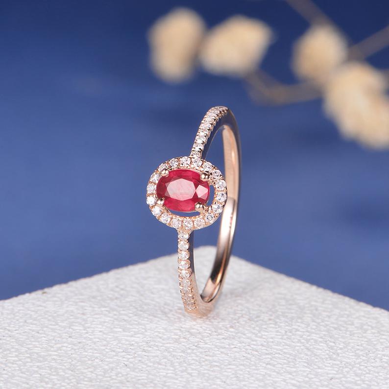 1 CT Oval Cut Red Ruby Diamond Rose Gold Over On 925 Sterling Silver Halo Wedding Ring