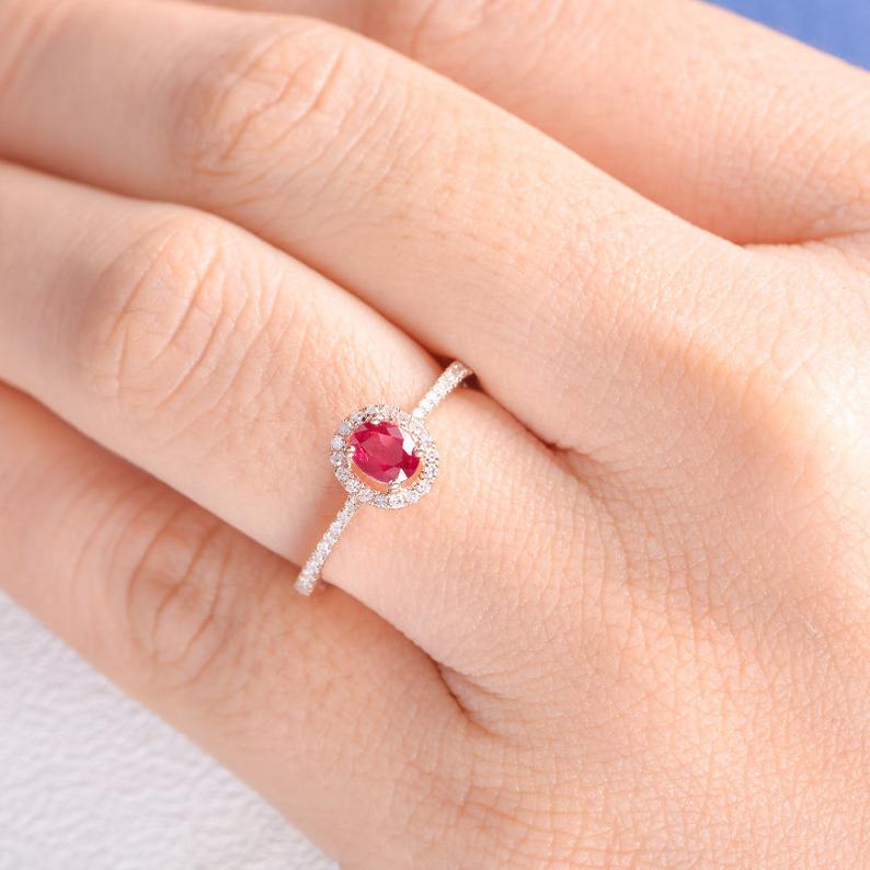 1 CT Oval Cut Red Ruby Diamond Rose Gold Over On 925 Sterling Silver Halo Wedding Ring