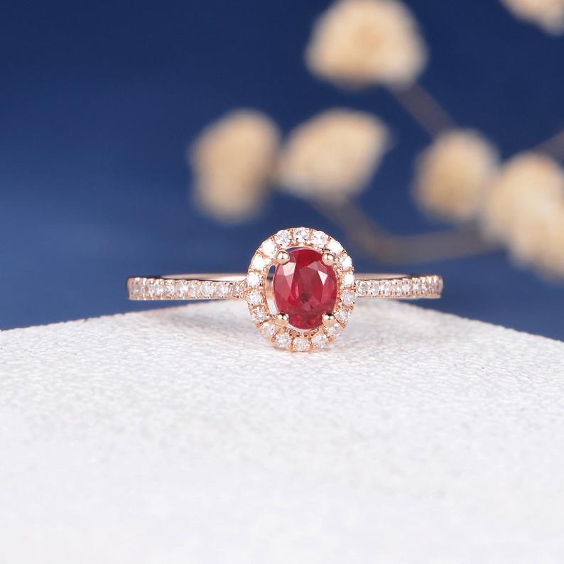 1 CT Oval Cut Red Ruby Diamond Rose Gold Over On 925 Sterling Silver Halo Wedding Ring