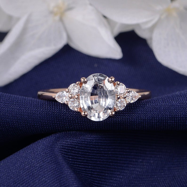 1 CT Oval Cut White Sapphire Diamond Rose Gold Over On 925 Sterling Silver Solitaire With Accents Engagement Ring