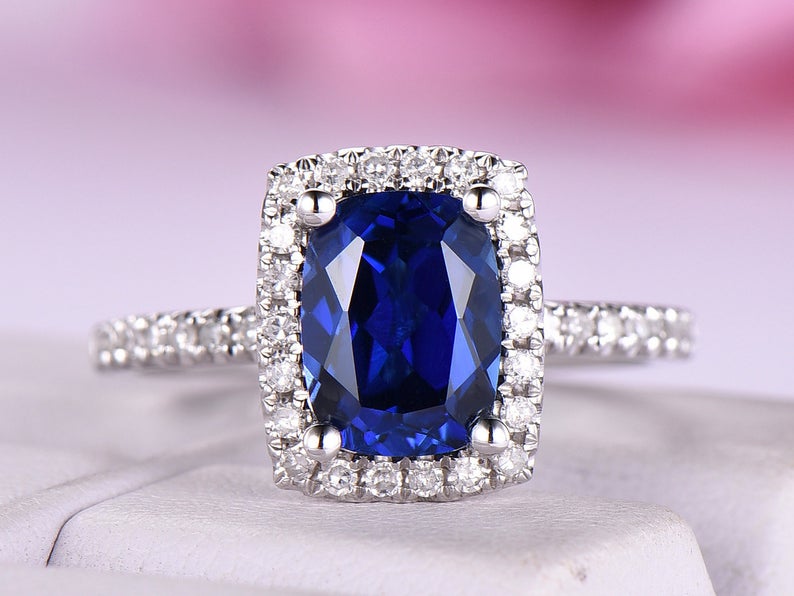 2.50 Ct Cushion Cut Blue Sapphire 925 Sterling Silver Halo Anniversary Gift Ring For Her
