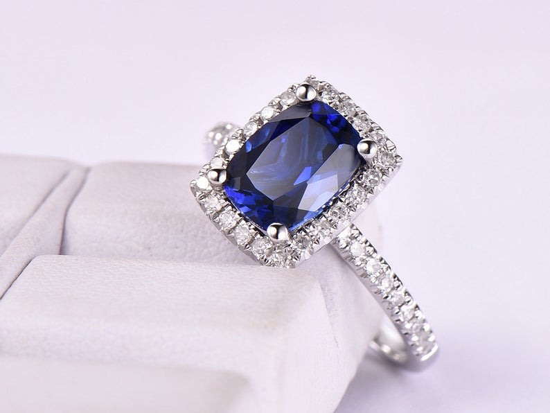 2.50 Ct Cushion Cut Blue Sapphire 925 Sterling Silver Halo Anniversary Gift Ring For Her