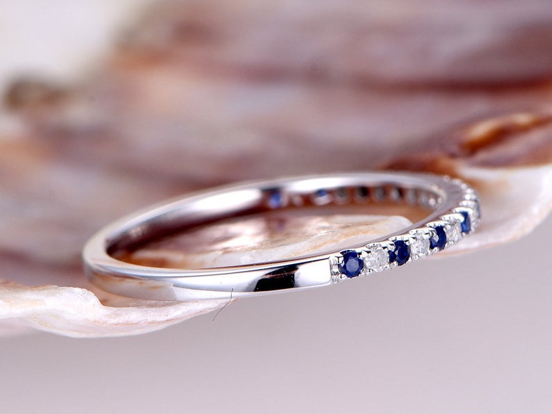 1.20 CT Round Cut Blue Sapphire Diamond White Gold Over On 925 Sterling Silver Half Eternity Band Ring