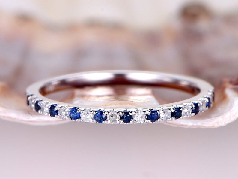 1.20 CT Round Cut Blue Sapphire Diamond White Gold Over On 925 Sterling Silver Half Eternity Band Ring