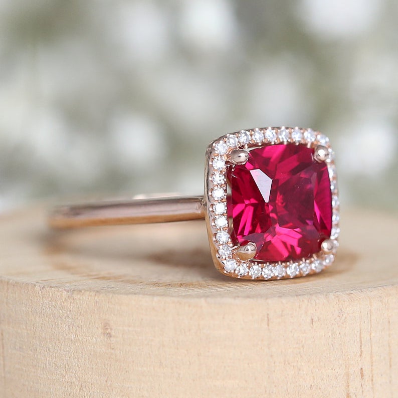 2 CT Cushion Cut Ruby Diamond Rose Gold Over On 925 Sterling Silver Halo Anniversary Ring