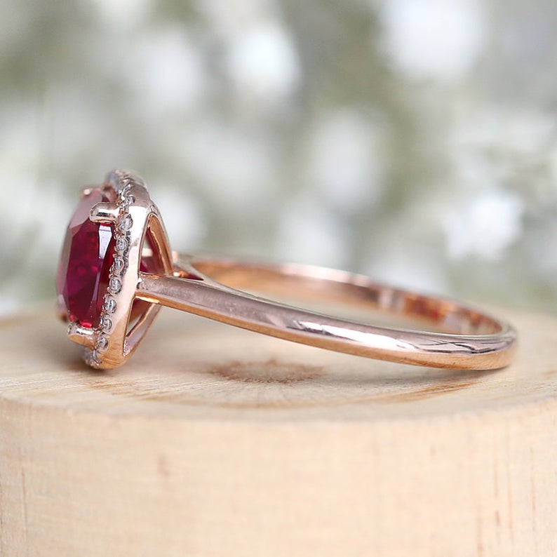 2 CT Cushion Cut Ruby Diamond Rose Gold Over On 925 Sterling Silver Halo Anniversary Ring