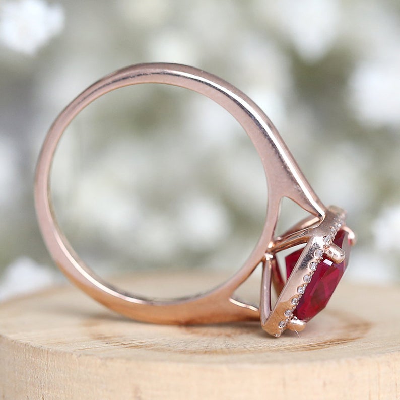 2 CT Cushion Cut Ruby Diamond Rose Gold Over On 925 Sterling Silver Halo Anniversary Ring