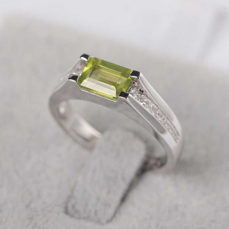 1.25 Ct Emerald Cut Green Peridot Solitaire W/Accents August Birthstone Ring In 925 Sterling Silver