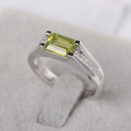 1.25 Ct Emerald Cut Green Peridot Solitaire W/Accents August Birthstone Ring In 925 Sterling Silver