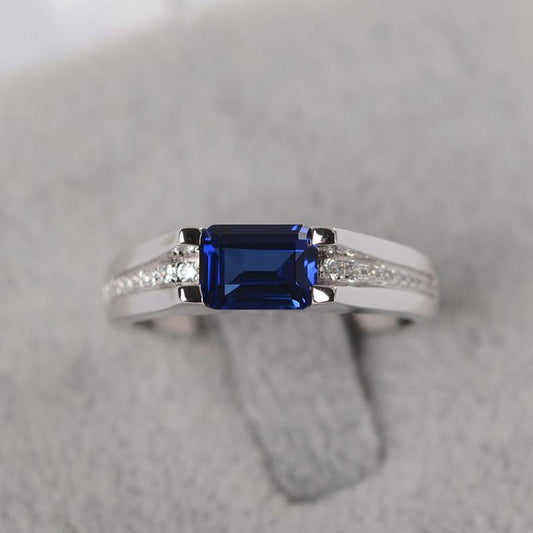 1.50 Ct Emerald Cut Blue Sapphire 925 Sterling Silver Solitaire W/Accents Engagement Ring