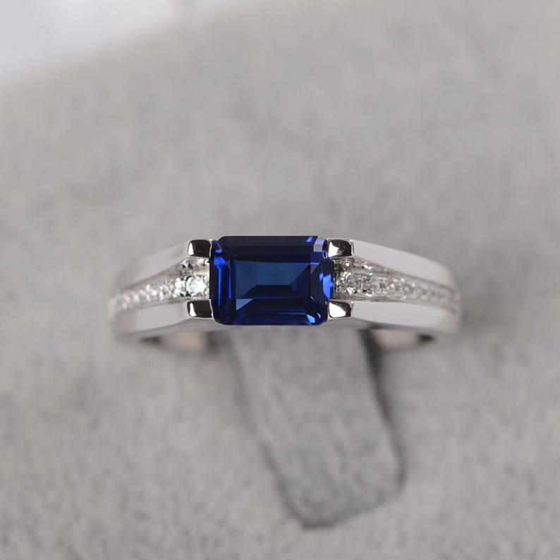 1.50 Ct Emerald Cut Blue Sapphire 925 Sterling Silver Solitaire W/Accents Engagement Ring