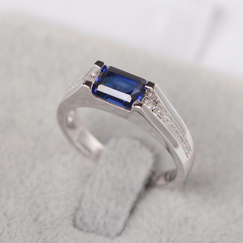 1.50 Ct Emerald Cut Blue Sapphire 925 Sterling Silver Solitaire W/Accents Engagement Ring