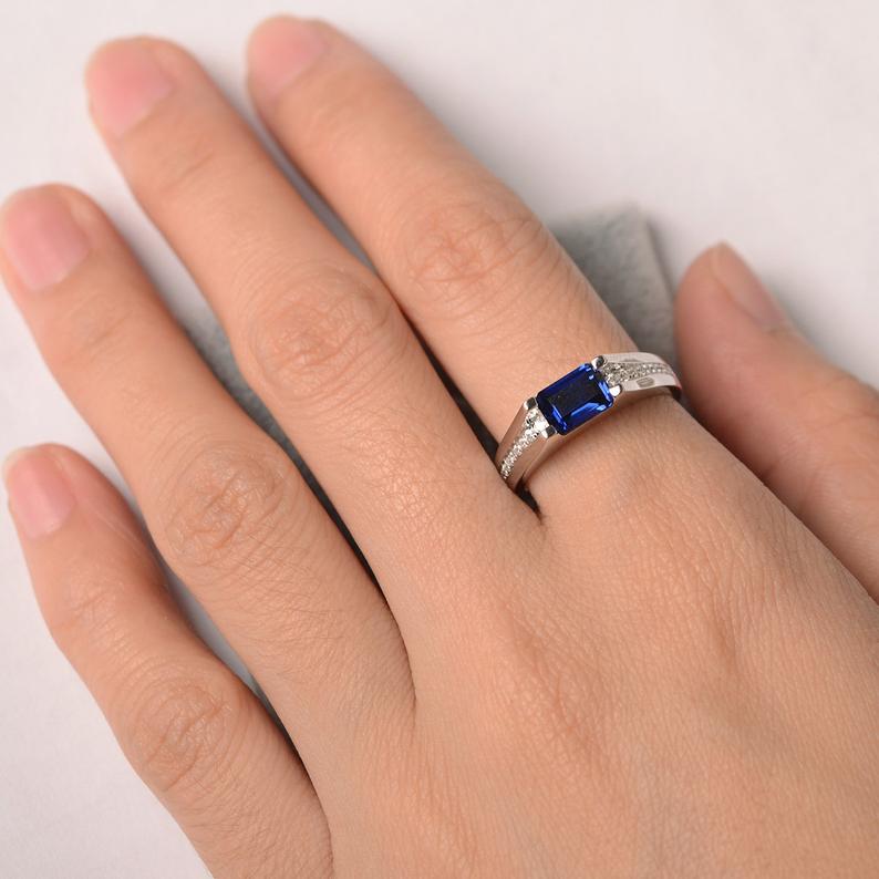 1.50 Ct Emerald Cut Blue Sapphire 925 Sterling Silver Solitaire W/Accents Engagement Ring